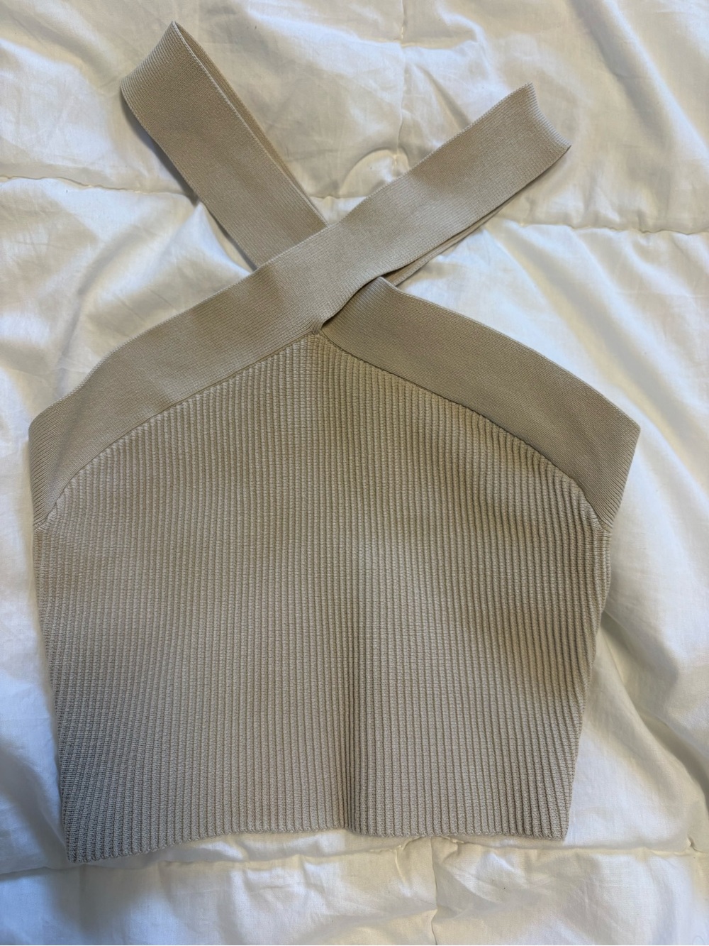 Aritzia Beige Ribbed Cross-Back Crop Top